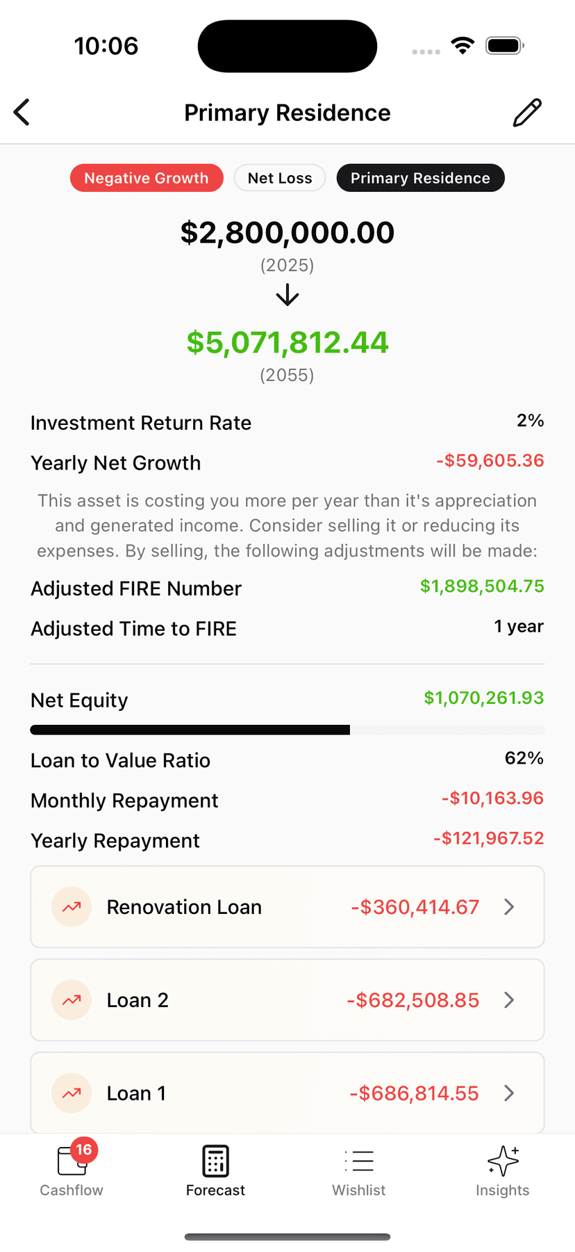 App screenshot showing asset insights