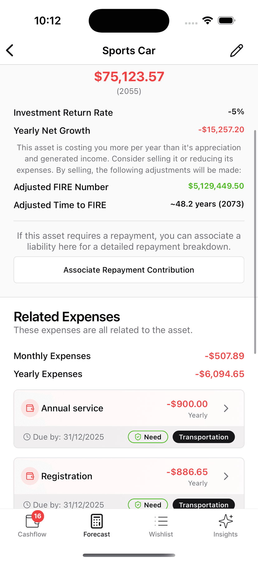 App screenshot showing depreciation insights
