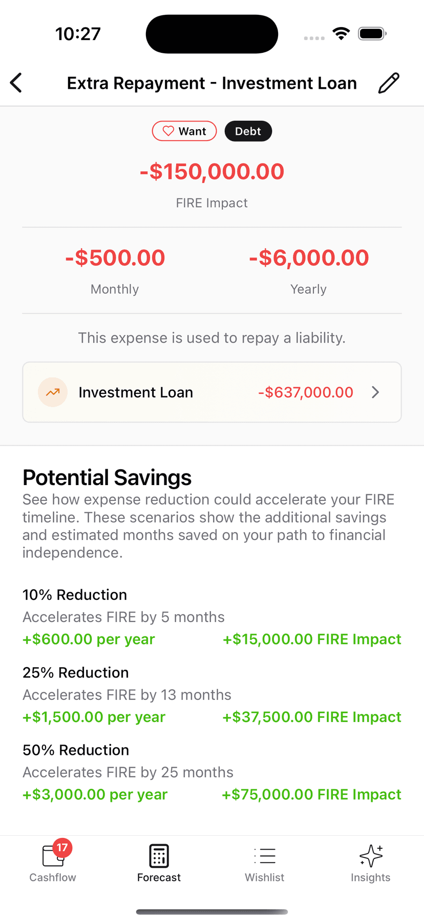 App screenshot showing expense insights