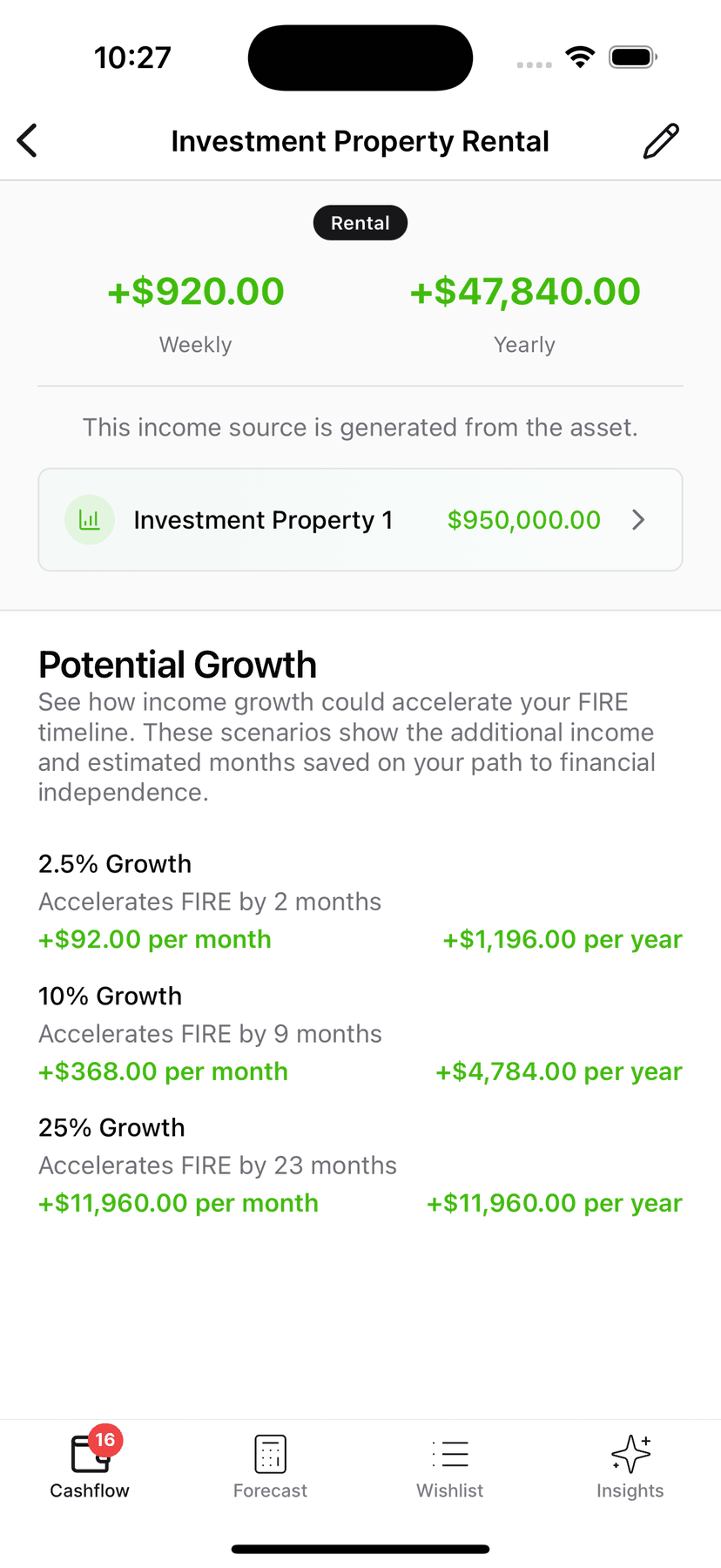 App screenshot showing income insights