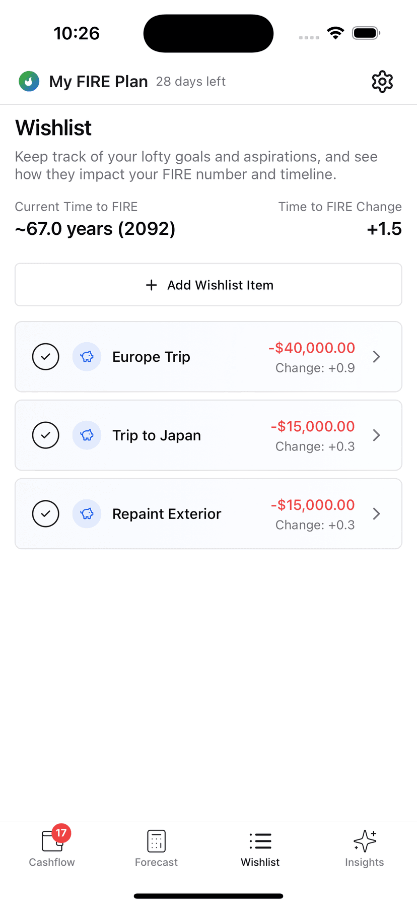 App screenshot showing wishlists